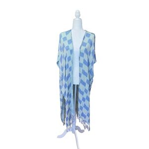 Free People x All Tous Kimono Cover Up Wrap Size OSFM Blue Checkered Fringe Pool